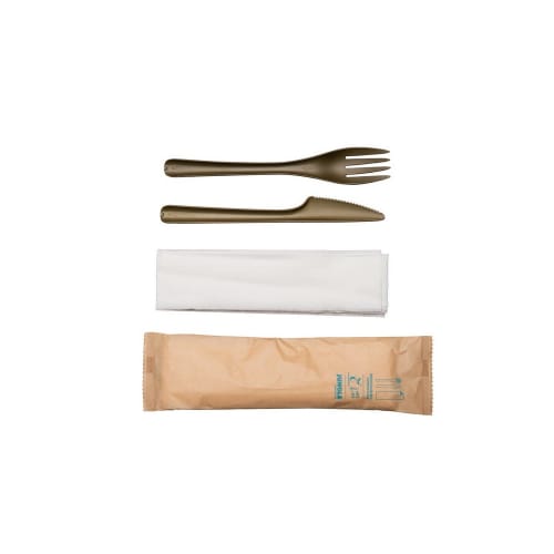 Jungle Dark Green CPLA Cutlery Kit with Fork, Knife and Napkin